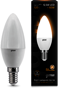 103101107 Лампа Gauss LED Candle E14 6.5W 2700К 1/10/100