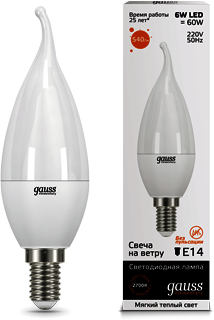 34116 Лампа Gauss LED Elementary Candle Tailed 6W E14 3000K 1/10/50