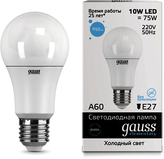 23230 Лампа Gauss LED Elementary A60 10W E27 6500K 1/10/50