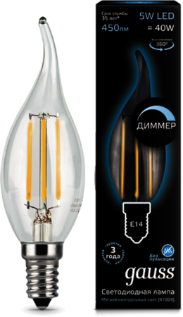 104801205-D Лампа Gauss LED Filament Candle tailed dimmable E14 5W 4100K 1/10/50