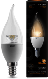 104201104 Лампа Gauss LED Candle Tailed Crystal Clear E14 4W 2700K 1/10/50