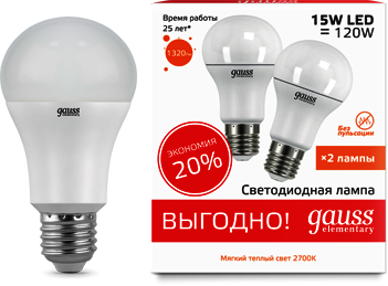 23215P Лампа Gauss LED Elementary A60 15W E27 2700K 1/50 (2 лампы в упаковке)