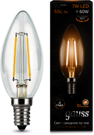 103801107 Лампа Gauss LED Filament Candle E14 7W 2700К 1/10/50