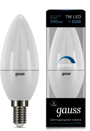 103101207-D Лампа Gauss LED Candle-dim E14 7W 4100К диммируемая 1/10/100