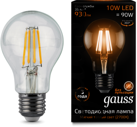 102802110 Лампа Gauss LED Filament A60 E27 10W 2700К 1/10/40