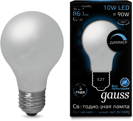 102202210-D Лампа Gauss LED Filament A60 OPAL dimmable E27 10W 4100К 1/10/40