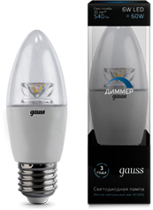 103202206-D Лампа Gauss LED Candle-dim Crystal Clear E27 6W 4100К диммируемая 1/10/50