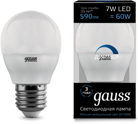 105102207-D Лампа Gauss LED Globe-dim E27 7W 4100К диммируемая 1/10/100