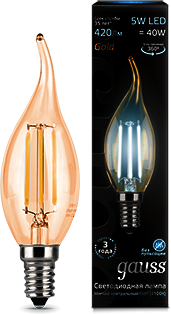 104801805 Лампа Gauss LED Filament Candle tailed E14 5W 4100K Golden 1/10/50