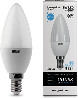 33136 Лампа Gauss LED Elementary Candle 6W E14 6500K 1/10/100