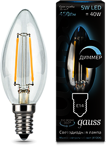 103801205-D Лампа Gauss LED Filament Candle dimmable E14 5W 4100К 1/10/50