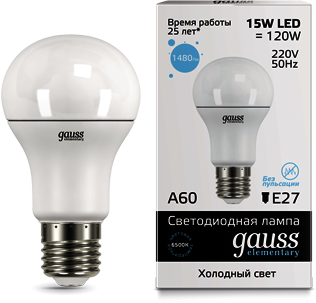 23235 Лампа Gauss LED Elementary A60 15W E27 6500K 1/10/50