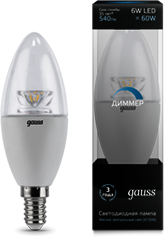 103201206-D Лампа Gauss LED Candle-dim Crystal Clear E14 6W 4100К диммируемая 1/10/50