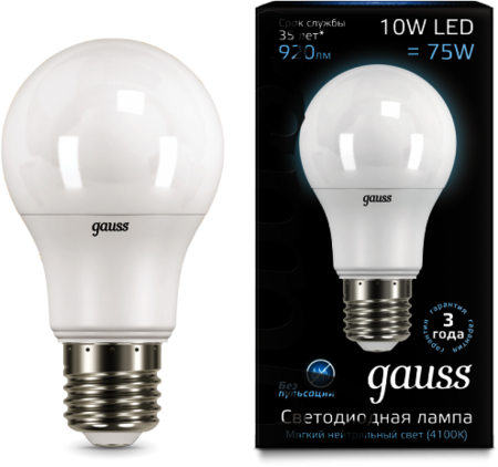 102502210 Лампа Gauss LED A60 10W E27 4100K 1/10/50