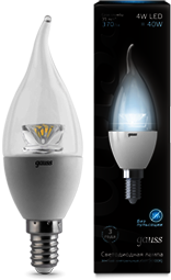 104201204 Лампа Gauss LED Candle Tailed Crystal Clear E14 4W 4100K 1/10/50
