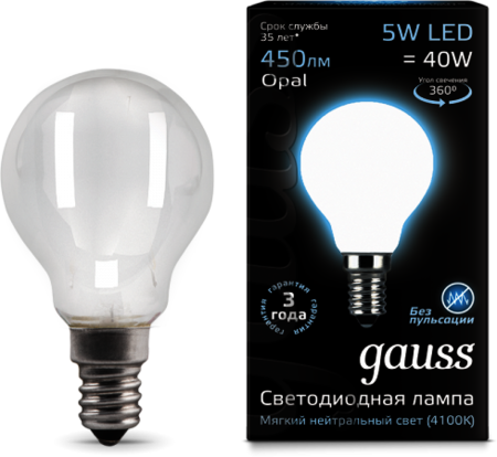 105201205 Лампа Gauss LED Filament Globe OPAL E14 5W 4100K 1/10/50