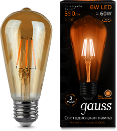 102802006 Лампа Gauss LED Filament ST64 E27 6W Golden 2400К 1/10/40