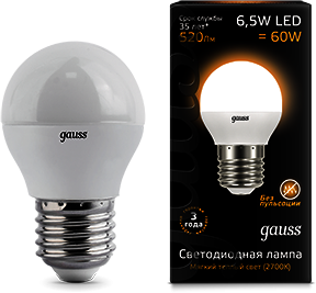 105102107 Лампа Gauss LED Globe E27 6.5W 2700K 1/10/50