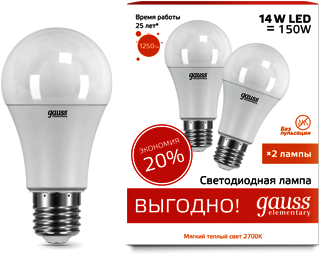 23214P Лампа Gauss LED Elementary A60 14W E27 2700K 1/50 (2 лампы в упаковке)