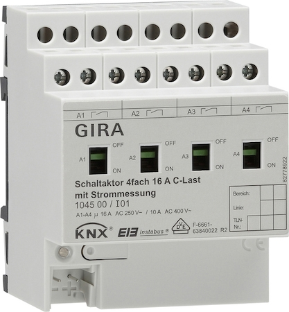 Gira 104500 Реле InstabusKN{/EIB, 4-канальное,с ручным управлением,для емкостной нагрузки, с функцией замера тока