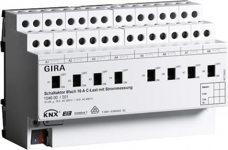 Gira 104600 Реле InstabusKNX/EIB, 8-канальное, с ручным управлением, для емкостной нагрузки, с функцией замера тока