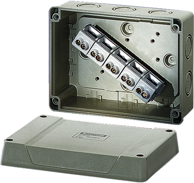 Hensel 6000458 KF 9105 - Коробка ответвительная, стойкая к УФ, IP 66, размер 125х167х82, цвет серый, материал поликарбонат, опрессовка на 10 вводов М 20/25/32, 5-полюсный клеммник 4-10/16 мм2, кабельные ввода ASM заказываются отдельно.
