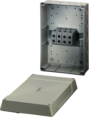 Hensel 6000018 K 9504 - Коробка ответвительная, размер 310х210х116, цвет серый, материал полистирол, преднамеченные выбиваемые отверстия на 16 вводов  M25/32/40/50,  4-полюсный клеммник 16-50 мм2, кабельные ввода заказываются отдельно, IP 55 (ESM) / IP 65 (AKM)