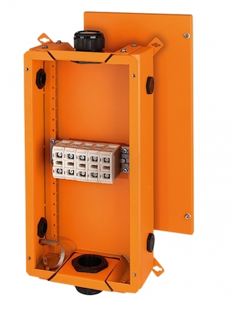 Hensel 60001071 FK 6505 - Коробка ответвительная для пожароопасных зон, предел огнестойкости Е90, IP 65, размер 285х523х130, цвет оранжевый, материал нержавеющая сталь, с 2-мя установленными сальниками м63, герметичная зона 27-48 мм, и 4-мя заглушками М50, 5-пол. клемма