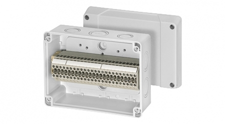 Hensel 6000033 RK 9104 - Коробка ответвительная , IP 55 (ESM) / IP 65 (AKM), размер 125х167х82, цвет серый, материал полистирол, преднамеченные выбиваемые отверстия на 10 вводов М25/32, наборная клемма из 24 клемм WK 4/U, под кабель до 1,5-4 мм2, кабельные ввода заказыв