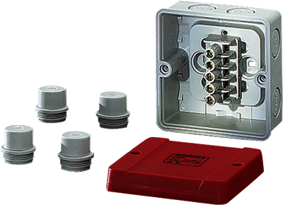 Hensel 60000732 D 9245 - Коробка ответвительная с красной крышкой, в комплекте с 4 сальниками ESM 25, размер 98х98х61, материал полистирол, преднамеченные выбиваемые отверстия на 7 вводов  M25, герметичная зона  9-17мм, 5-пол. клеммник 1,5-4/6 мм2, IP 55 (ESM) / IP 65 (A