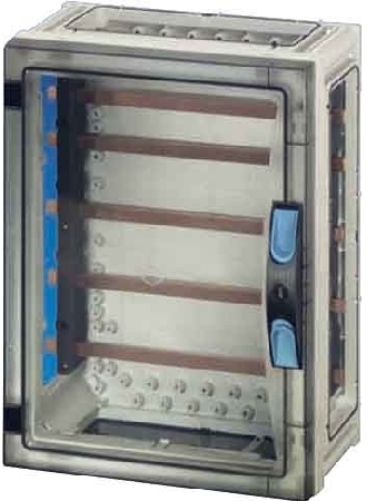 Hensel 68000216 FP 3212 - Корпус с токовыми шинами на 250А, межфазное расстояние 60 мм, (шины 12х5), с прозрачной дверцей, без съемных боковых панелей, с 4 соединителями корпусов, размер 2, 360х270х163 мм, открывание инструментом, материал поликарбонат, цвет серый