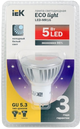 LLP-MR16-5-230-40-GU5 Лампа светодиодная MR16 софит 5 Вт 350 Лм 230 В 4000 К GU5.3 IEK-eco