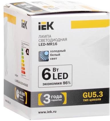 LL-MR16-6-230-40-GU5 Лампа светодиодная MR16 софит 6 Вт 500 Лм 230 В 4000 К GU5.3 IEK