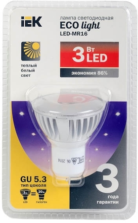 LLP-MR16-3-230-30-GU5 Лампа светодиодная MR16 софит 3 Вт 180 Лм 230 В 3000 К GU5.3 IEK-eco
