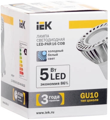 LL-PAR16-5-230-40-GU10 Лампа светодиодная PAR16 COB софит 5 Вт 350 Лм 230 В 4000 К GU10 IEK