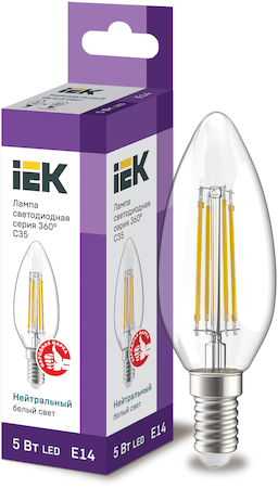 LLF-C35-5-230-40-E14-CL Лампа светодиодная C35 свеча прозр. 5Вт 230В 4000К E14 серия 360° IEK