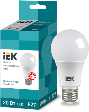 LLE-A60-20-230-40-E27 Лампа светодиодная ECO A60 шар 20Вт 230В 4000К E27 IEK