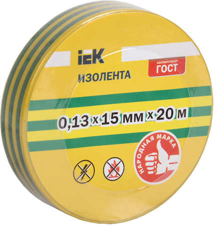 UIZ-13-15-20MS-K52 Изолента 0,13х15 мм желто-зеленая 20 метров IEK