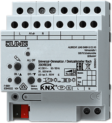 JUNG 3901REGHE KNX универсальный диммер, 1 канал 20-500 W/VA