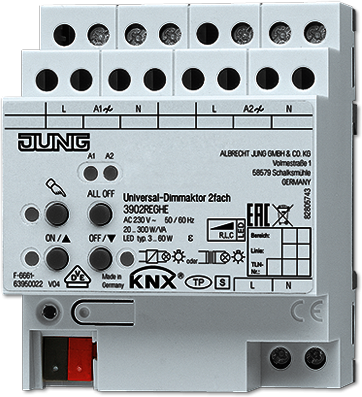 JUNG 3902REGHE KNX универсальный диммер, 2 канала 20-300 W/VA