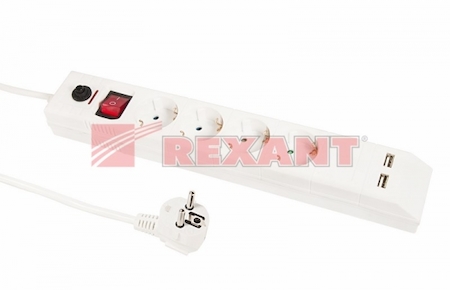 11-3041 Сетевой фильтр  REXANT  4 гнезда  1.4м  3X1мм²  белый  с  заземлением, выключателем и двумя USB разъемами