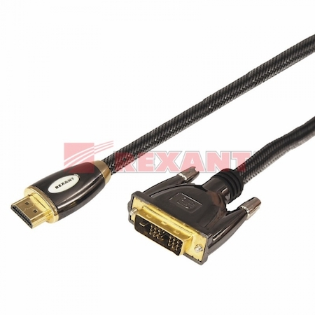 17-6606 Шнур HDMI - DVI-D с фильтрами, длина 5 метров, шелк 24K (GOLD Luxury) (блистер)  REXANT