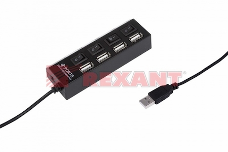 18-4104 Разветвитель USB на 4 порта с переключателями черный REXANT