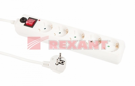 11-3031 Сетевой фильтр  REXANT  5 гнезд  1.5м  3X0.75мм²  белый  с  заземлением и выключателем