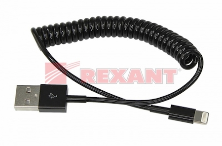 REXANT 18-4201 USB кабель для iPhone 5/6/7 моделей шнур спираль 1М черный (предлагаем 18-4202)