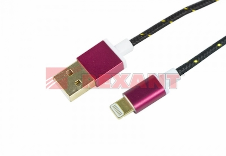 18-4245 USB кабель для iPhone 5/6/7 моделей, шнур в тканевой оплетке, черный REXANT