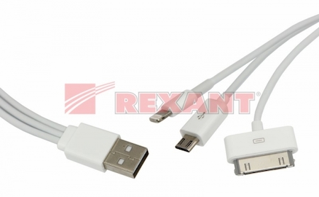 REXANT 18-1126 USB кабель 3 в 1 только для зарядки iPhone 5/iPhone 4/microUSB белый