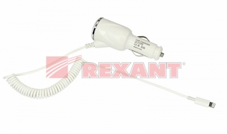 REXANT 18-0144 Автозарядка в прикуриватель для iPhone5/5S (АЗУ) шнур спираль белая блистер