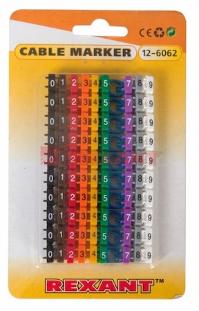 12-6062 Кабельный маркер (клипса), ø 4...6 мм, цифры 0-9, 10 цветов, блистер (MR-55)  REXANT