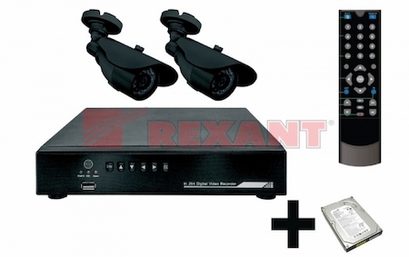 45-0129 Комплект видеонаблюдения 2 наружные камеры (с жестким диском) REXANT